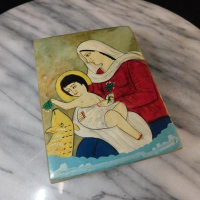 Hand Painted Madonna and Child Soapstone Trinket Box, India 4”x3”x1.5”