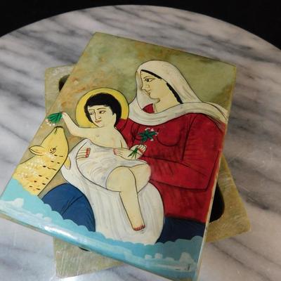Hand Painted Madonna and Child Soapstone Trinket Box, India 4”x3”x1.5”