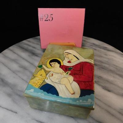 Hand Painted Madonna and Child Soapstone Trinket Box, India 4”x3”x1.5”