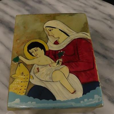 Hand Painted Madonna and Child Soapstone Trinket Box, India 4”x3”x1.5”