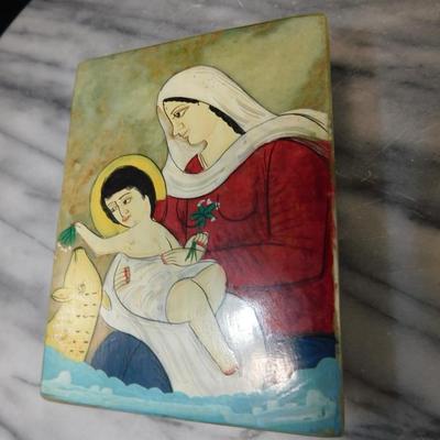 Hand Painted Madonna and Child Soapstone Trinket Box, India 4”x3”x1.5”