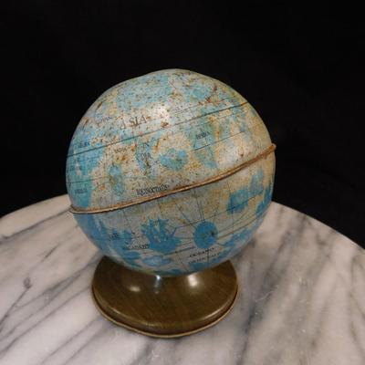 Vintage Ohio Art Pressed Metal Latin Globe Coin Bank 5.25” Tall
