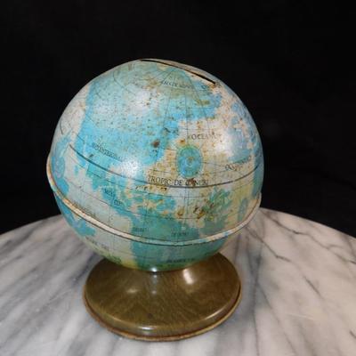 Vintage Ohio Art Pressed Metal Latin Globe Coin Bank 5.25” Tall