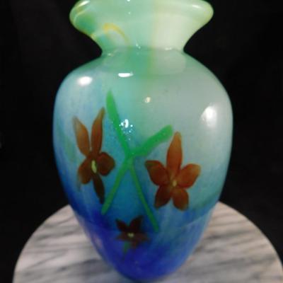 10” Encased Art Glass Floral Murano Style Vase, Thick