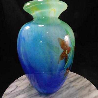 10” Encased Art Glass Floral Murano Style Vase, Thick