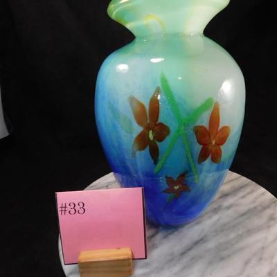 10” Encased Art Glass Floral Murano Style Vase, Thick