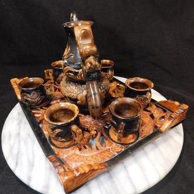 Carved Plaster Serpent Tea Set w/ Serving Tray 9.75”x8”x6”