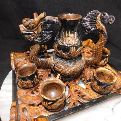 Carved Plaster Serpent Tea Set w/ Serving Tray 9.75”x8”x6”