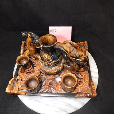 Carved Plaster Serpent Tea Set w/ Serving Tray 9.75”x8”x6”