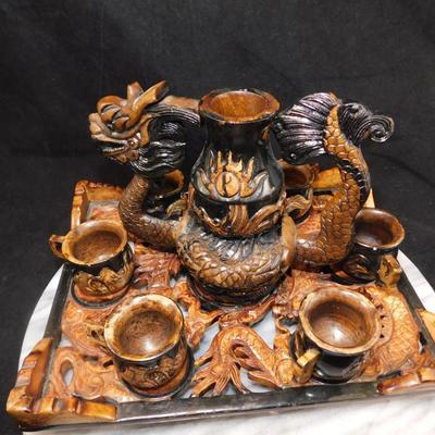 Carved Plaster Serpent Tea Set w/ Serving Tray 9.75”x8”x6”