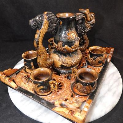 Carved Plaster Serpent Tea Set w/ Serving Tray 9.75”x8”x6”