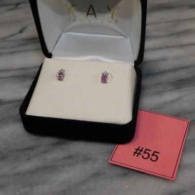 10k White Gold Pink Topaz &amp; Diamond Stud Earrings 0.6g