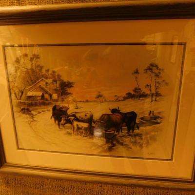 Framed & Matted Winterscape Cows in Barnyard Print 30”x23”