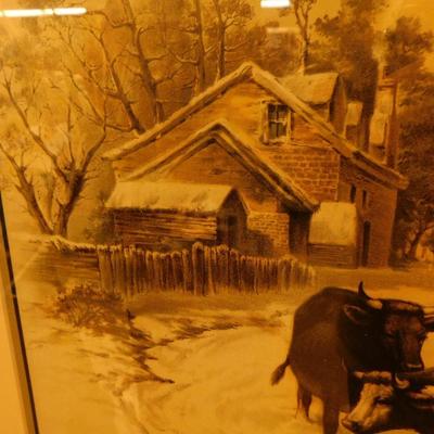 Framed & Matted Winterscape Cows in Barnyard Print 30”x23”