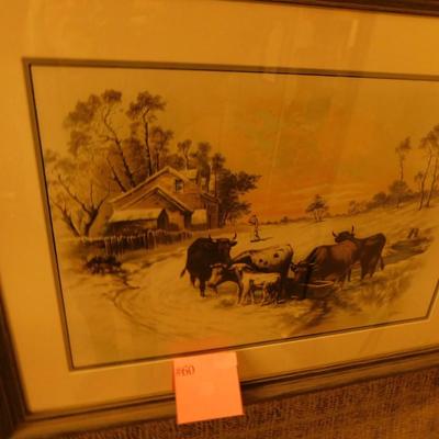 Framed & Matted Winterscape Cows in Barnyard Print 30”x23”