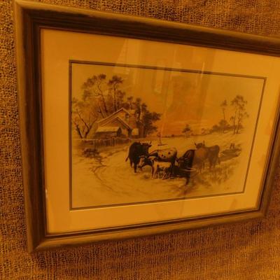Framed & Matted Winterscape Cows in Barnyard Print 30”x23”