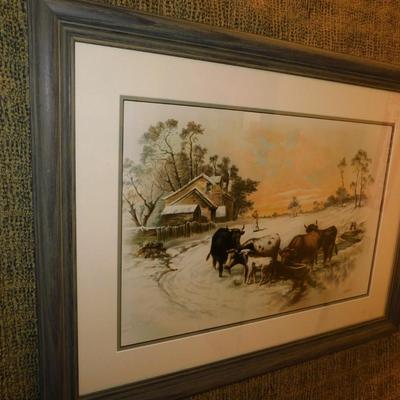Framed & Matted Winterscape Cows in Barnyard Print 30”x23”