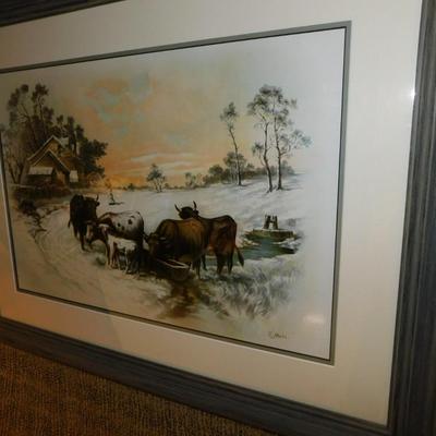 Framed & Matted Winterscape Cows in Barnyard Print 30”x23”