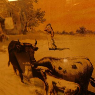 Framed & Matted Winterscape Cows in Barnyard Print 30”x23”