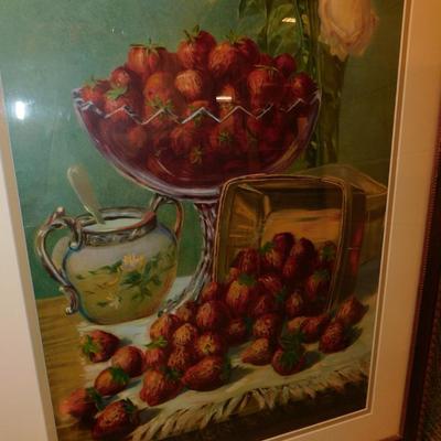 Vintage Framed & Matted Strawberries Print 32”x19”