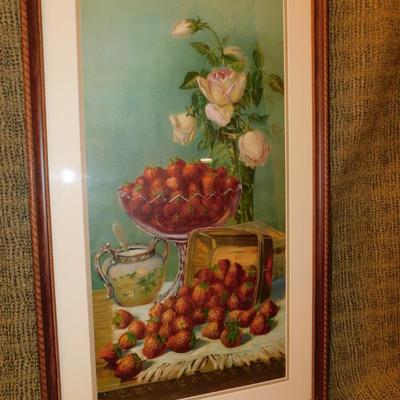 Vintage Framed & Matted Strawberries Print 32”x19”