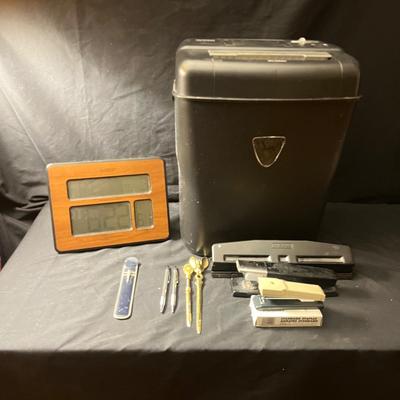 Aurora Shredder, LaCrosse Atomic Clock, & Office Supplies incl Cross Pens (O-MG)