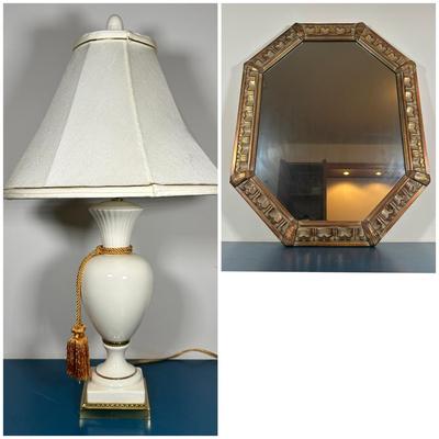 LOT 266: Beautiful Ceramic Table Lamp & Wooden Framed Wall Mirror