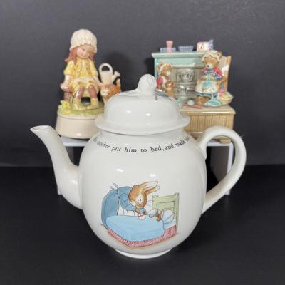 LOT 268: Wedgwood Beatrix Potter Teapot, Vintage Otagiri Music Boxes: Home Sweet Home & You've Got a Friend