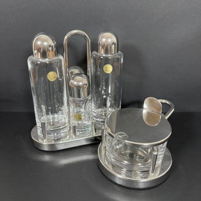 LOT 271: Alessi INOX 18/10 Italy Ettore Sottsass - Oil & Vinegar Cruet S/P Condiment Set & Alessi Glass Serving Bowl:...