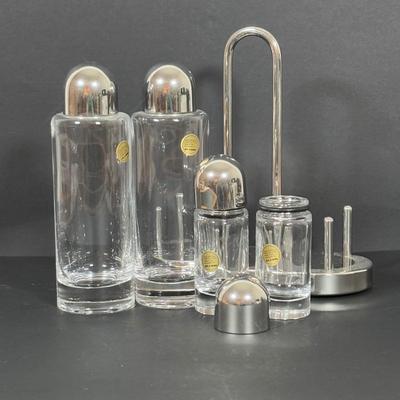 LOT 271: Alessi INOX 18/10 Italy Ettore Sottsass - Oil & Vinegar Cruet S/P Condiment Set & Alessi Glass Serving Bowl:...