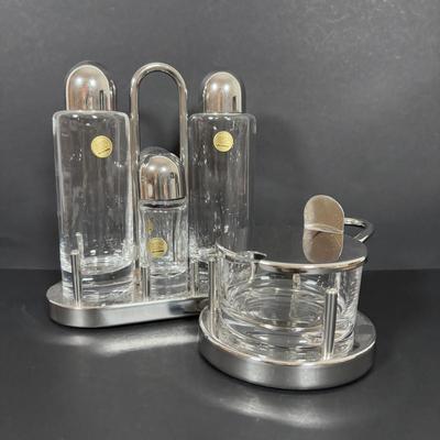 LOT 271: Alessi INOX 18/10 Italy Ettore Sottsass - Oil & Vinegar Cruet S/P Condiment Set & Alessi Glass Serving Bowl:...