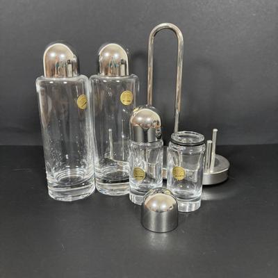 LOT 271: Alessi INOX 18/10 Italy Ettore Sottsass - Oil & Vinegar Cruet S/P Condiment Set & Alessi Glass Serving Bowl:...