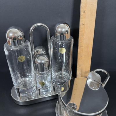 LOT 271: Alessi INOX 18/10 Italy Ettore Sottsass - Oil & Vinegar Cruet S/P Condiment Set & Alessi Glass Serving Bowl:...