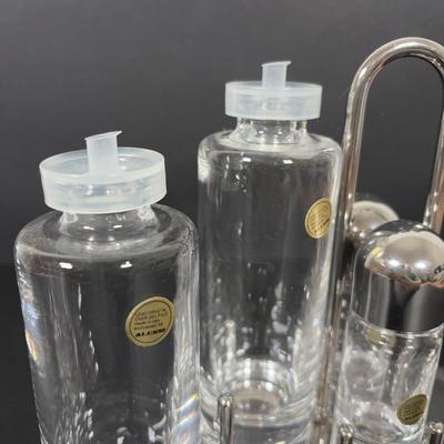 LOT 271: Alessi INOX 18/10 Italy Ettore Sottsass - Oil & Vinegar Cruet S/P Condiment Set & Alessi Glass Serving Bowl:...