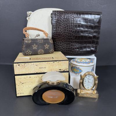 LOT 273: Anne Klein Perfume, Ralph Lauren Crossbody Clutch, Porcelain Music box, Lip Stick/Coin Purse & More