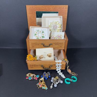 LOT 275: Fashion Jewelry: Earrings/Brooches/Bracelets & Wooden Jewelry Box