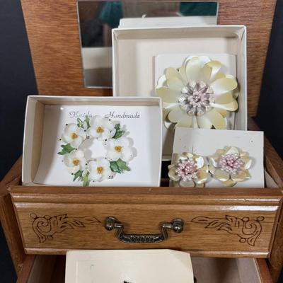 LOT 275: Fashion Jewelry: Earrings/Brooches/Bracelets & Wooden Jewelry Box