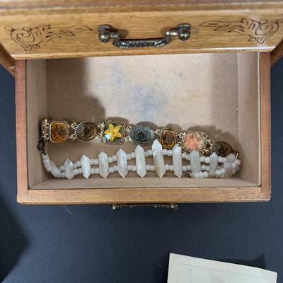 LOT 275: Fashion Jewelry: Earrings/Brooches/Bracelets & Wooden Jewelry Box