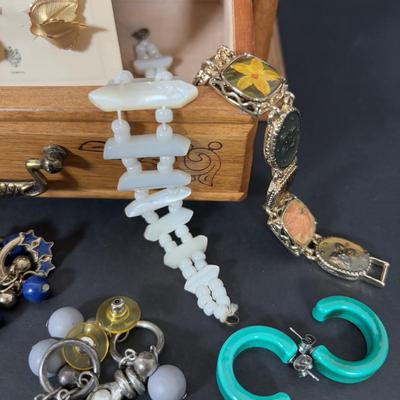 LOT 275: Fashion Jewelry: Earrings/Brooches/Bracelets & Wooden Jewelry Box