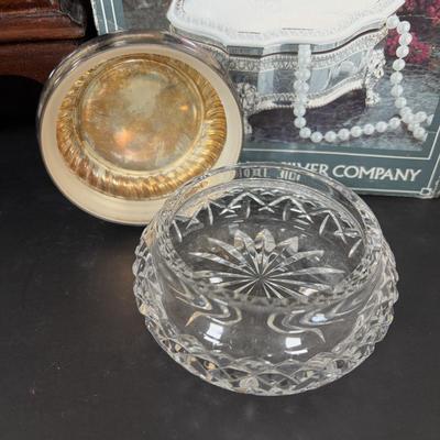 LOT 276: Waterford Crystal Vanity Bow: Powder/Trinket, Vintage Godinger Silver-Plated Trinket Box, Royal Europe Bud Vase, International...