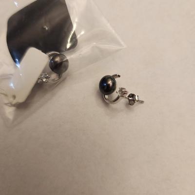 Black fresh water pearl and white topaz sterling silver earrings