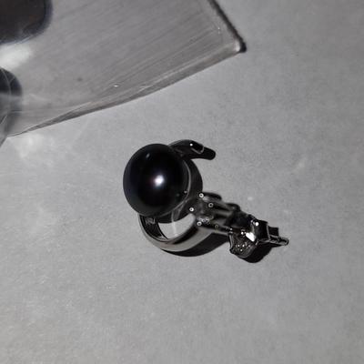 Black fresh water pearl and white topaz sterling silver earrings