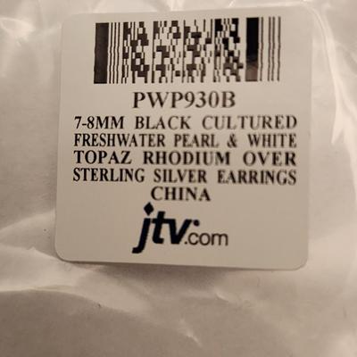 Black fresh water pearl and white topaz sterling silver earrings