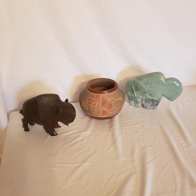 Hand Carved Buffalo, Stone Buffalo and Clay Bowl (GB-KD)