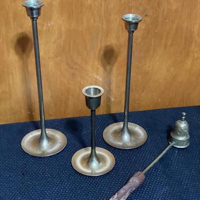 3 brass candle holders & extinguisher