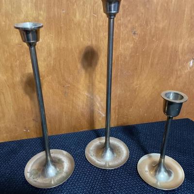 3 brass candle holders & extinguisher