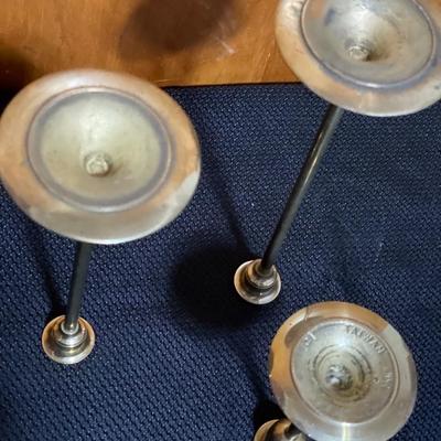 3 brass candle holders & extinguisher