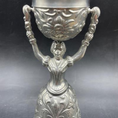 Vintage Fein Zinn Pewter Ornate Bride and Groom Wedding Toasting Chalice Cup