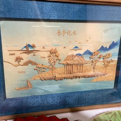 Vintage Chinese cork carving and fans