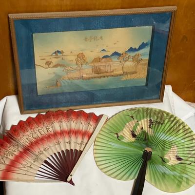 Vintage Chinese cork carving and fans